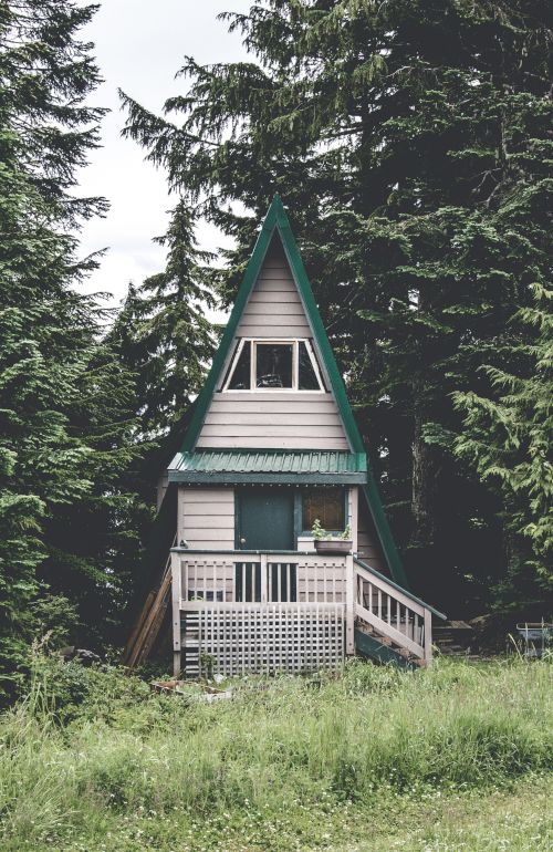 A small A-frame cabin with a green roof and a white picket fence is nestled among tall trees in a grassy area.