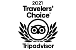The image shows the 2021 Travelers' Choice award logo from TripAdvisor, featuring an owl within a circle and laurel branches, symbolizing excellence.