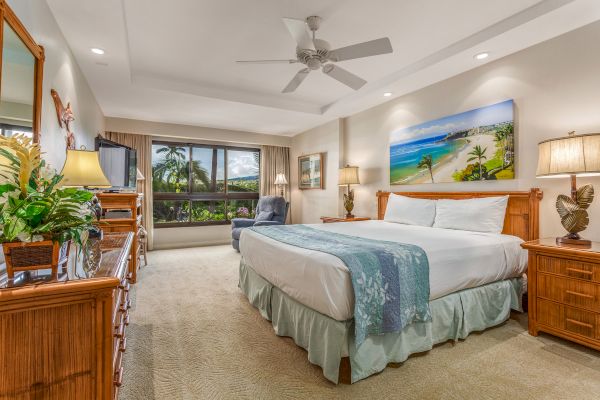 A spacious bedroom with a large bed, tropical-themed decor, a dresser, TV, and a window offering a lush outdoor view, ending the sentence.