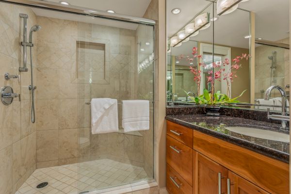 The image shows a modern bathroom with a glass shower enclosure, tiled walls, a wooden vanity with a granite countertop, and a decorative plant.