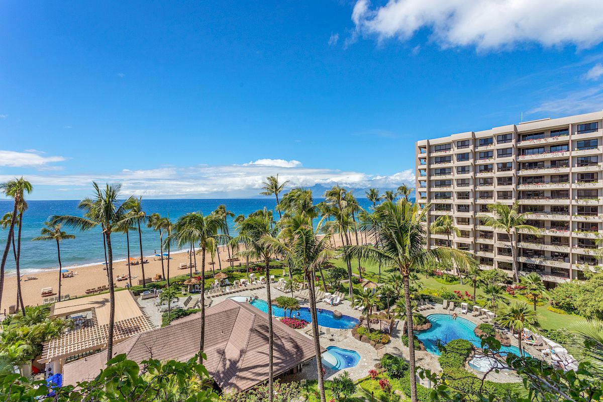 A beachfront resort featuring a large pool, palm trees, a sandy beach, and a multi-story building under a bright, clear blue sky.