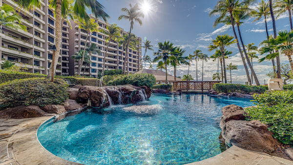 The image shows a beautiful pool area surrounded by palm trees and a multi-story building, all under a clear blue sky.