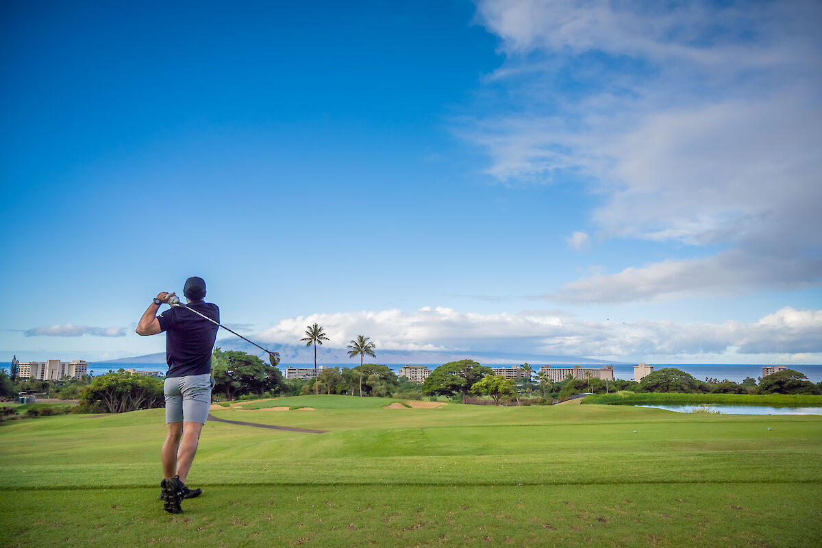 A person is playing golf on a lush course under a bright, partly cloudy sky, with a scenic view of trees and distant buildings.