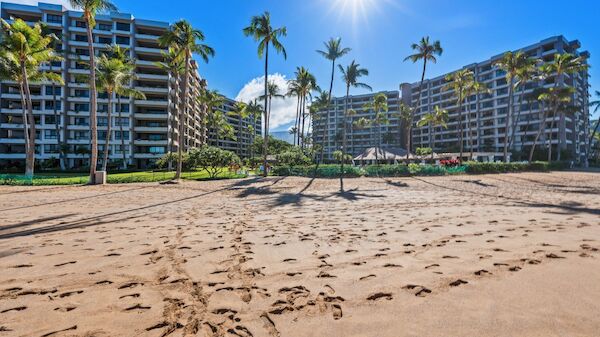 A sunny beach with footprints in the sand, palm trees, and resort buildings in the background, under a bright blue sky and sun.