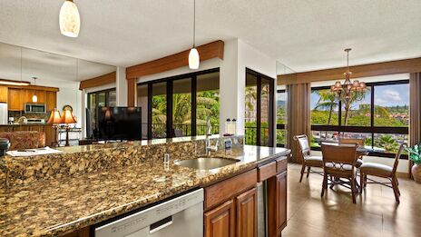 A modern open-concept kitchen and dining area with granite countertops, stainless appliances, wood cabinetry, and large windows to a sunny view.