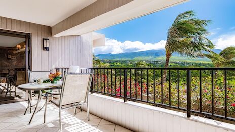 A bright balcony with a glass table and chairs overlooks a tropical landscape with palm trees and distant hills, under a sunny blue sky.