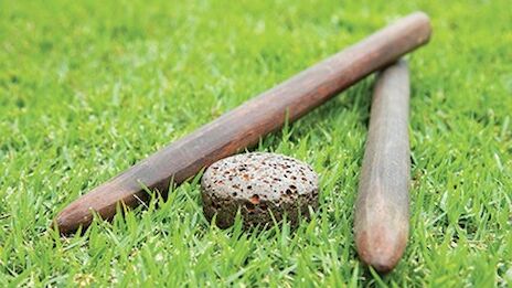 The image shows two wooden sticks and a round stone resting on green grass. It appears to represent traditional tools or sports equipment.
