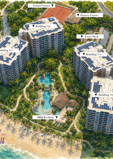 Aerial view of a tropical beachfront condo complex with several white buildings, a pool, lush gardens, and a sandy beach shoreline.