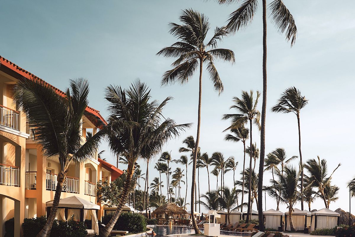 The image shows a luxurious resort pool area with lounge chairs, tall palm trees, and buildings in the background under a clear sky.